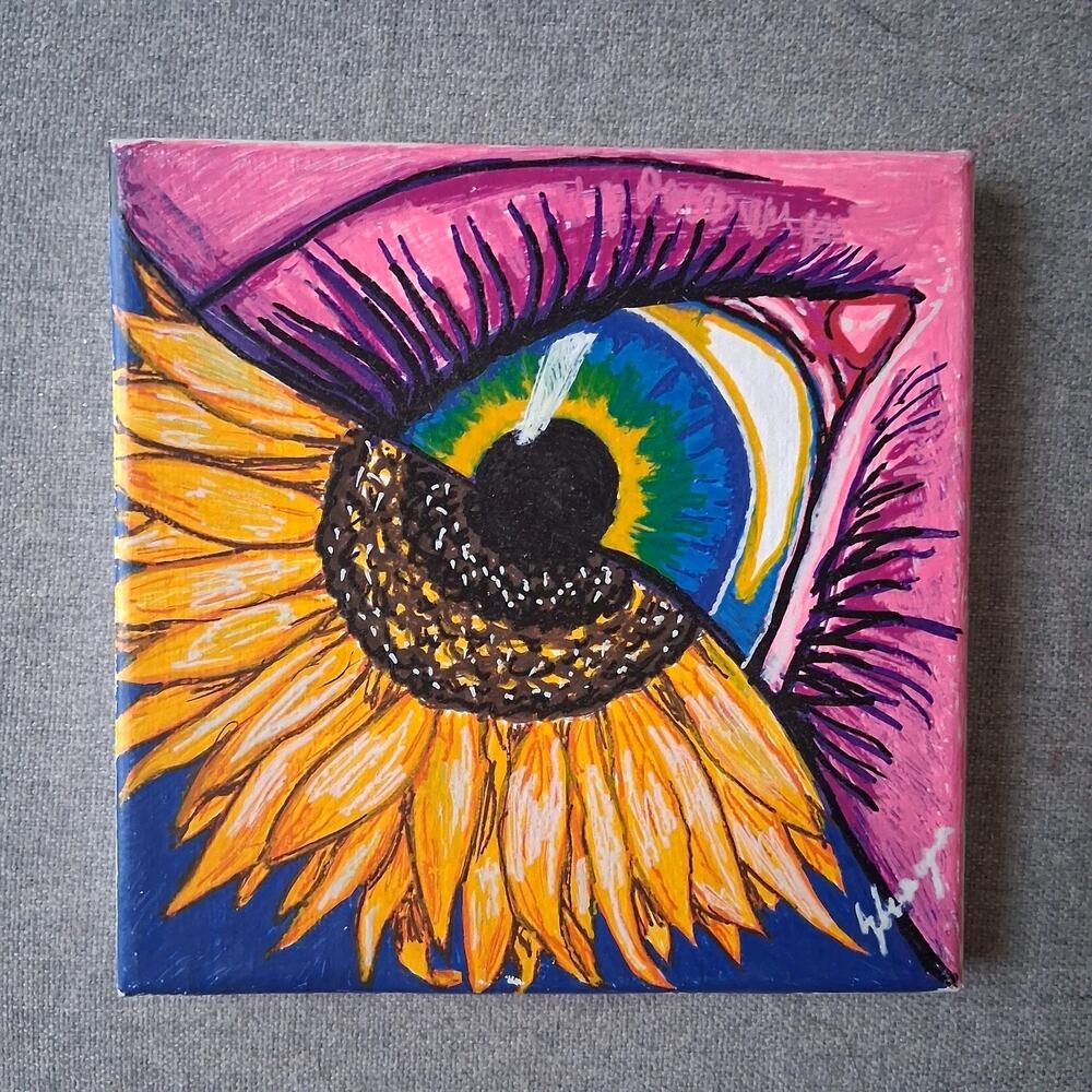 Beautiful SUN Flower Eye Pinting Aris Acrylic Pen Art Original On Canvas Signed
